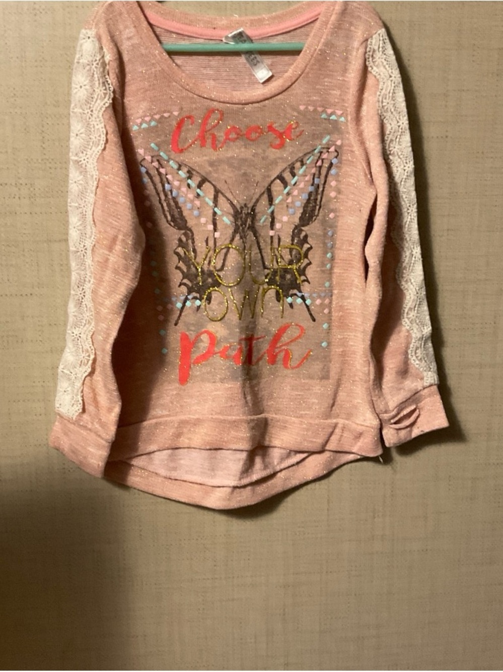 Beautees Pink Lace-Sleeve Butterfly Graphic Long Sleeve Tee